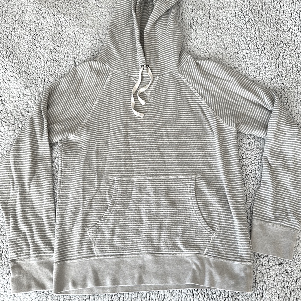 J. Crew Gray & White Stripes pullover drawstring hoodie sweatshirt size Medium
